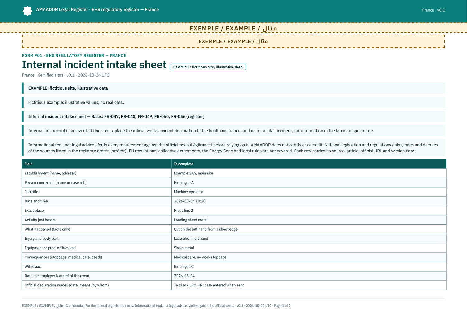 Example: filled form F01, internal incident intake sheet (fictitious site)