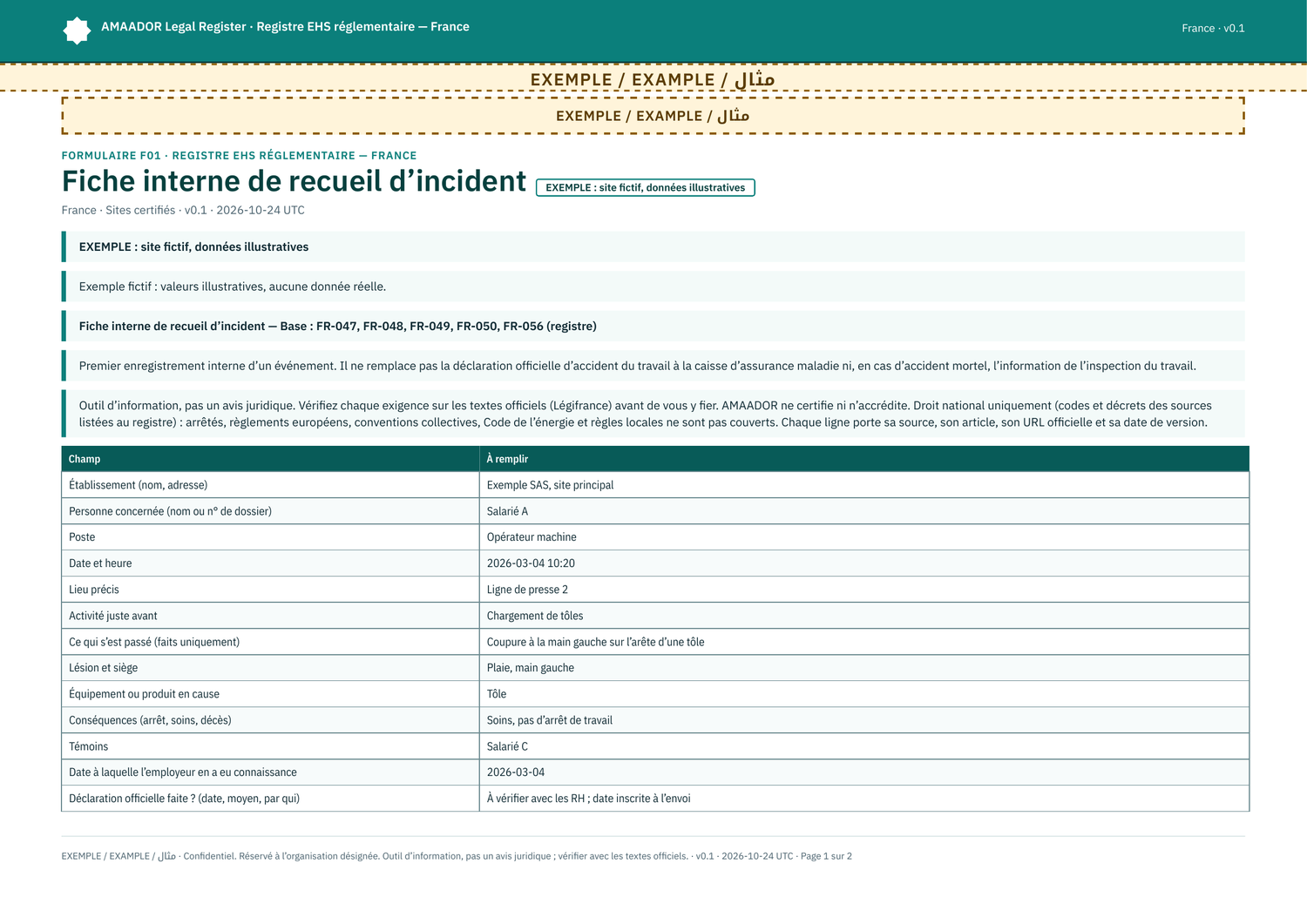 Exemple : formulaire F01 rempli, fiche interne de recueil d’incident (site fictif)