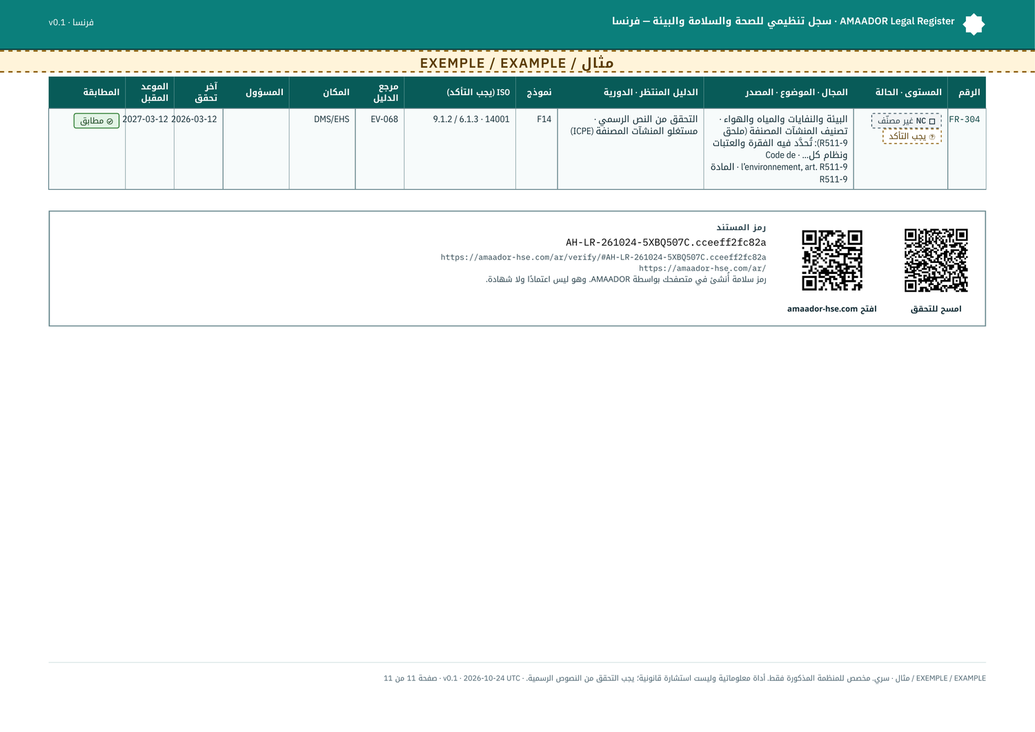 مثال: متتبع الأدلة، الصفحة الأخيرة مع رمزي QR (التحقق وموقع الصفحة الرئيسية)