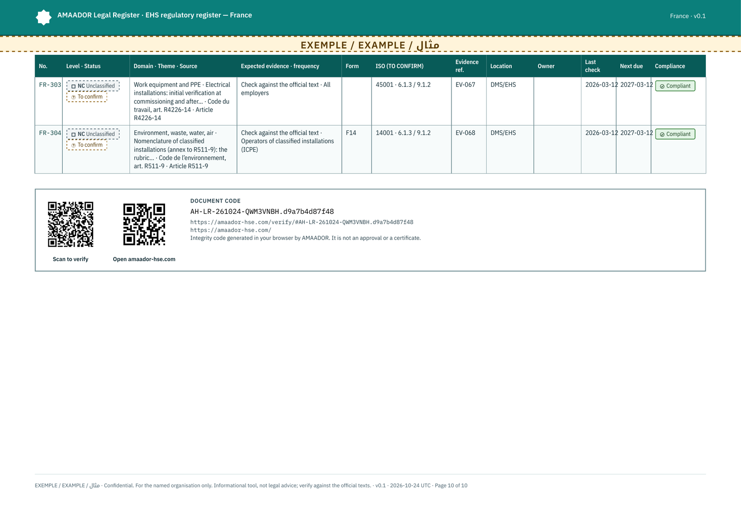 Example: evidence tracker, last page with the two QR codes (verify and site home)