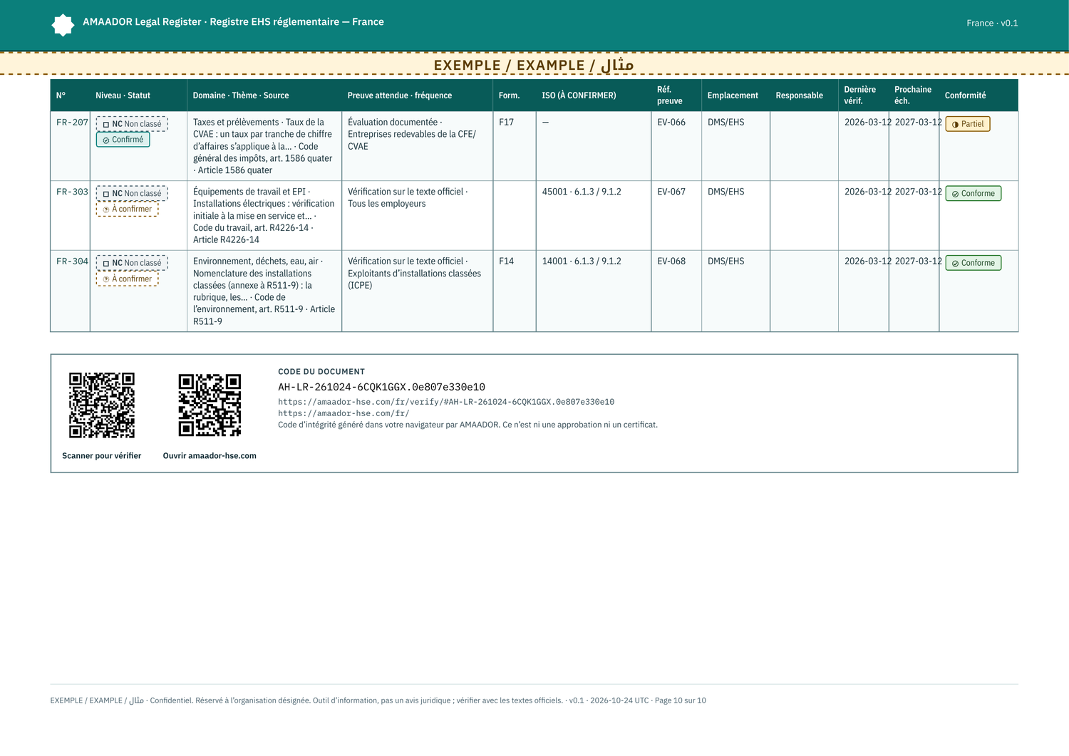 Exemple : suivi de preuves, dernière page avec les deux codes QR (vérification et accueil du site)