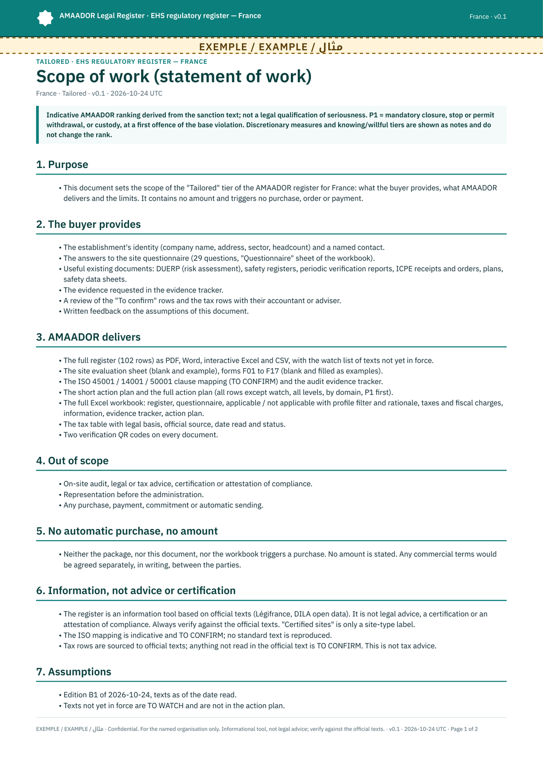 Scope document (statement of work), first page