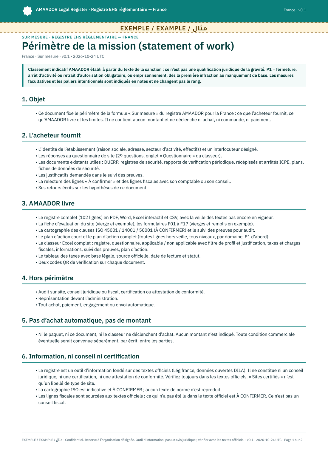 Document de périmètre (cahier des charges), première page
