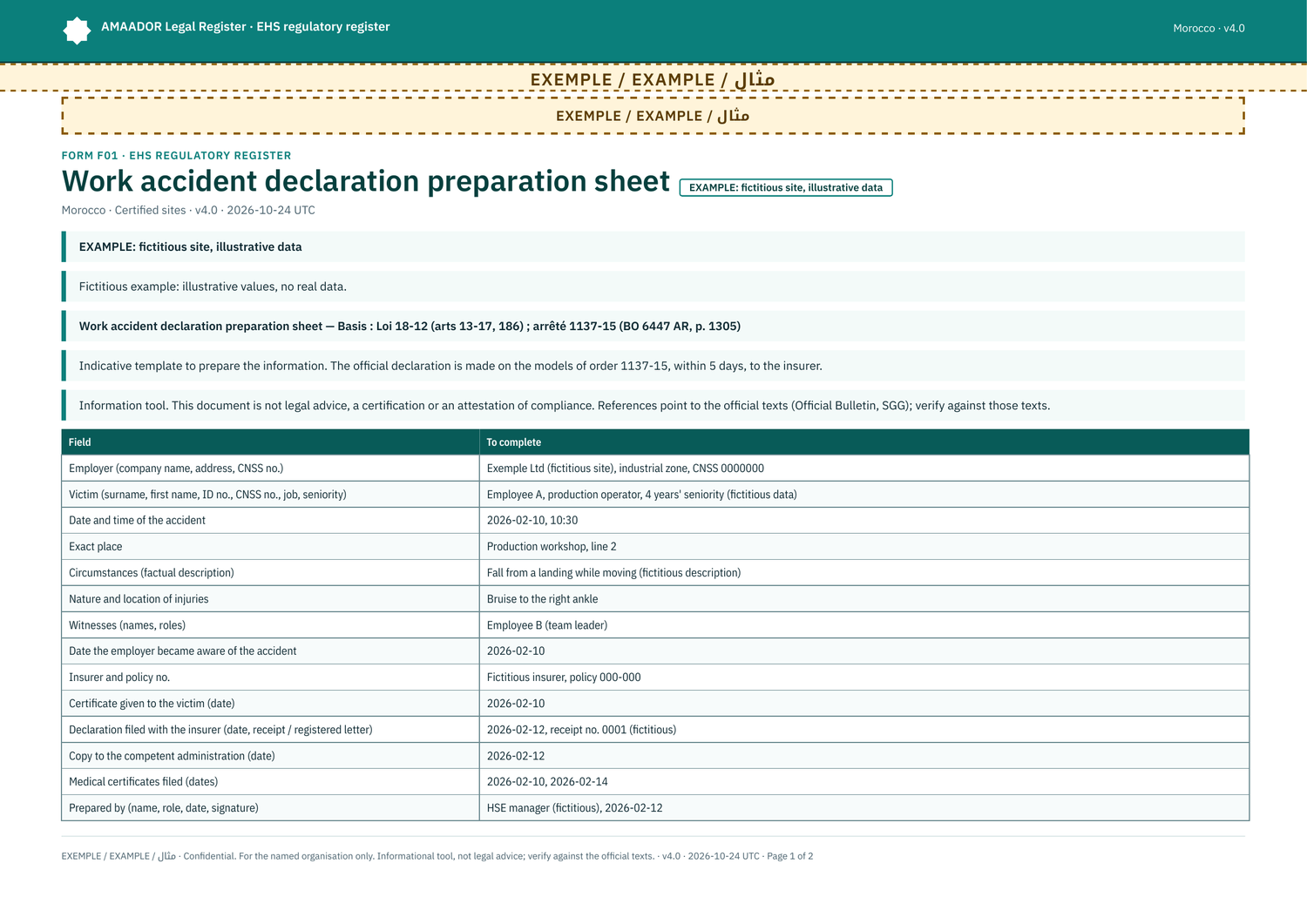 Example: filled form F01, work accident declaration sheet (fictitious site)