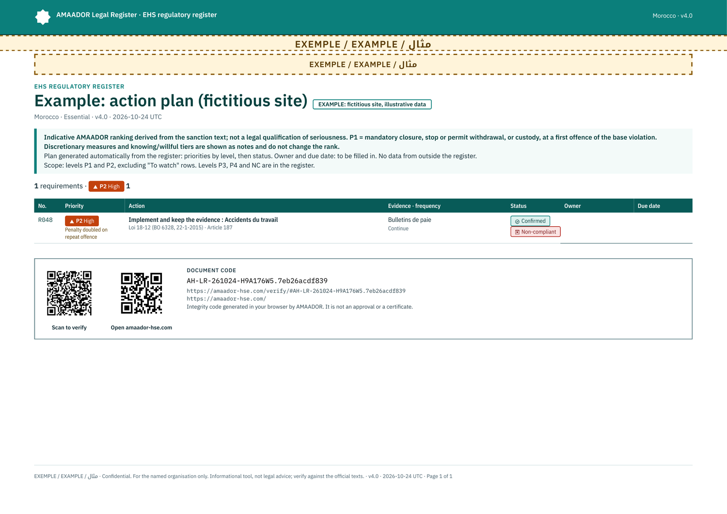 Example: action plan, with the two QR codes (verify and site home)