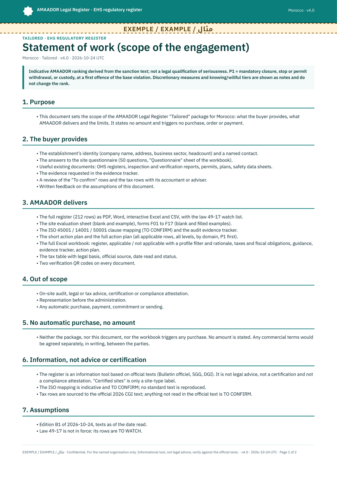 Scope document (statement of work), first page
