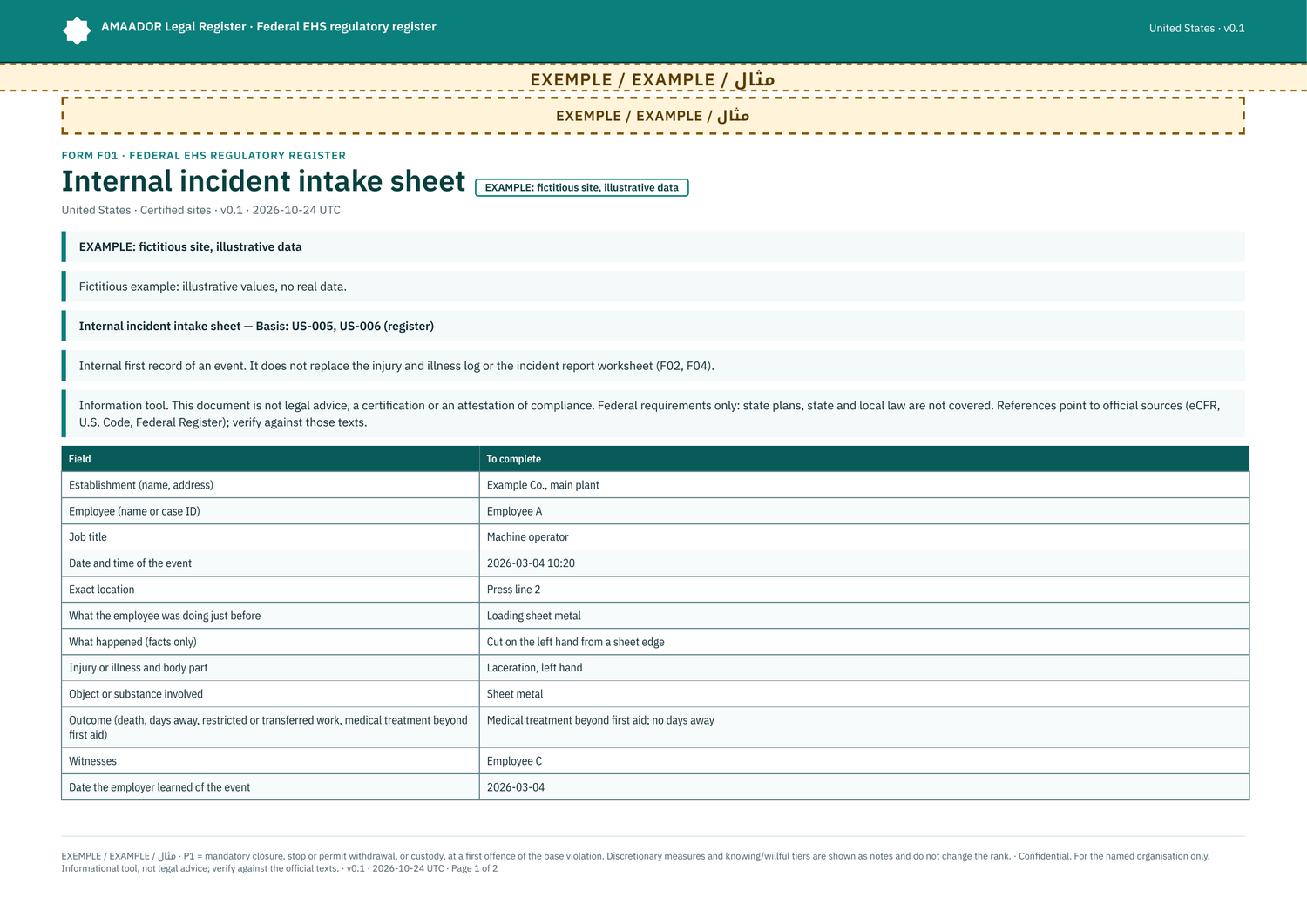 Example: filled form F01, internal incident intake sheet (fictitious site)