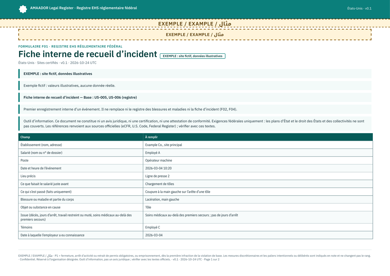 Exemple : formulaire F01 rempli, fiche interne de recueil d’incident (site fictif)