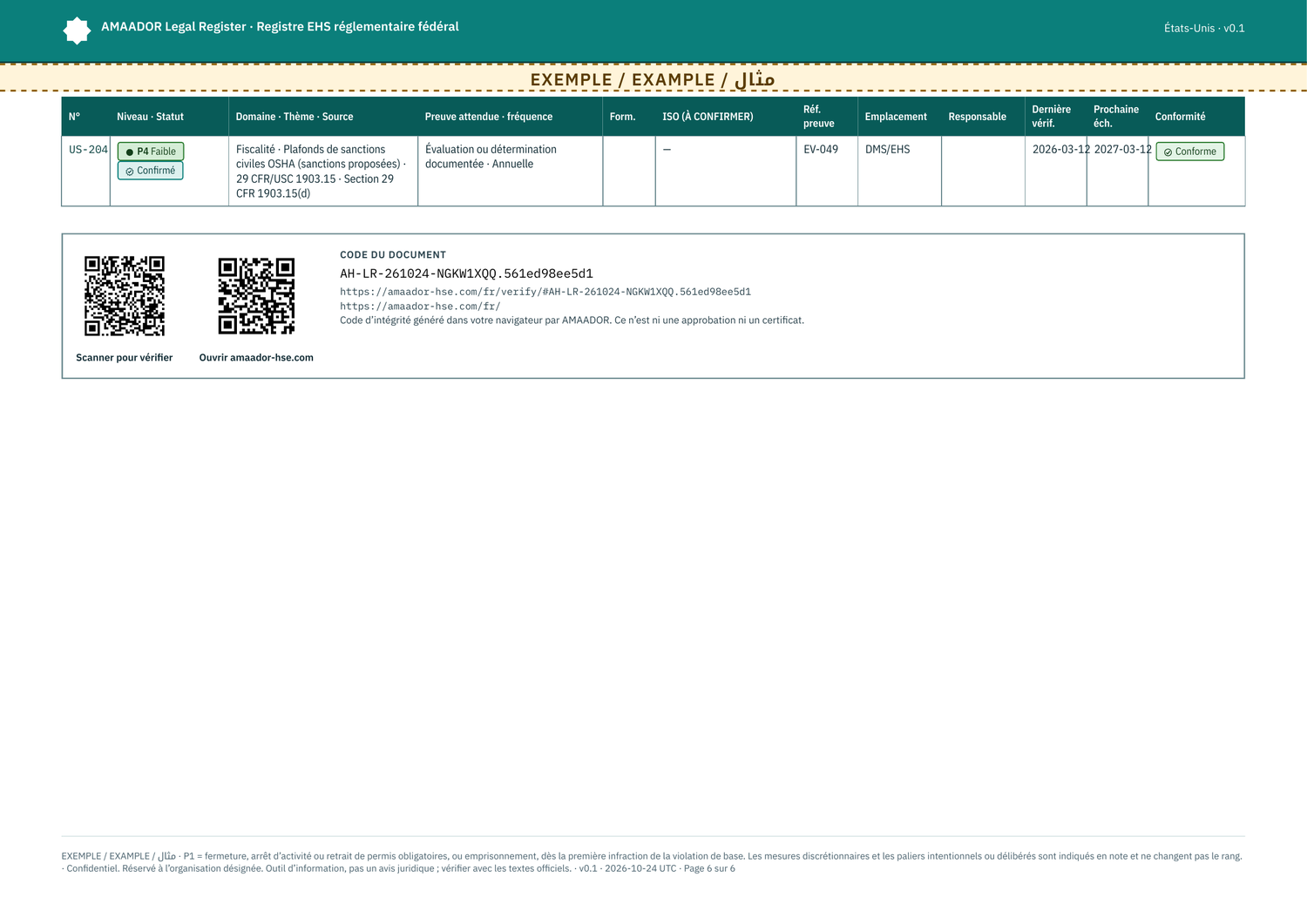 Exemple : suivi de preuves, dernière page avec les deux codes QR (vérification et accueil du site)
