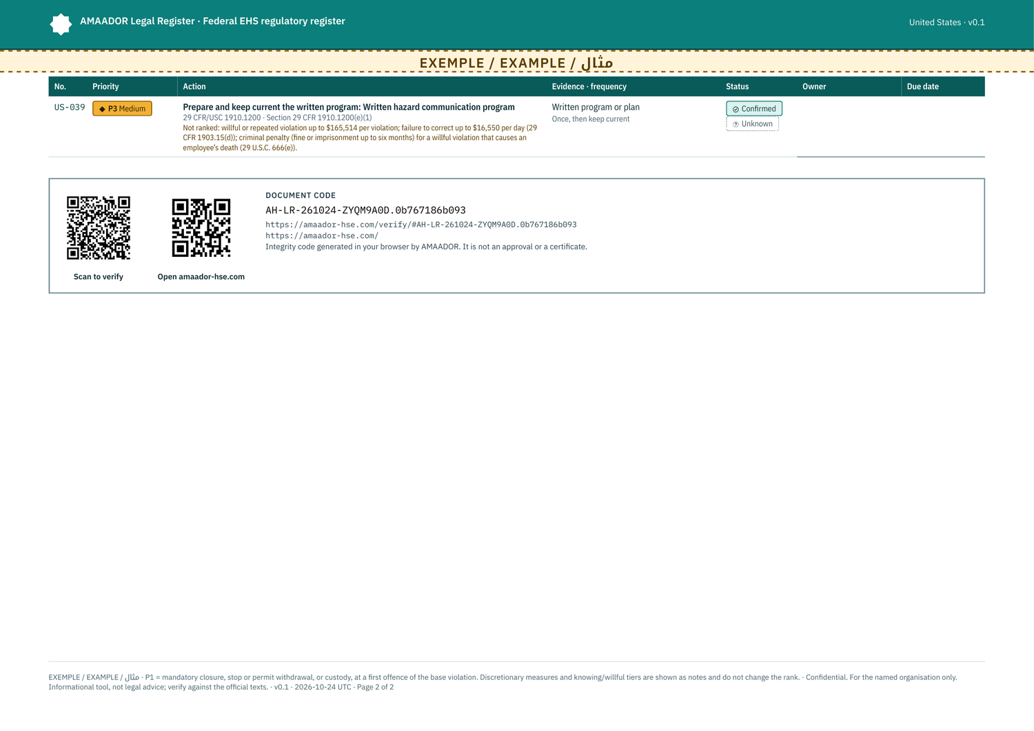 Example: action plan, with the two QR codes (verify and site home)