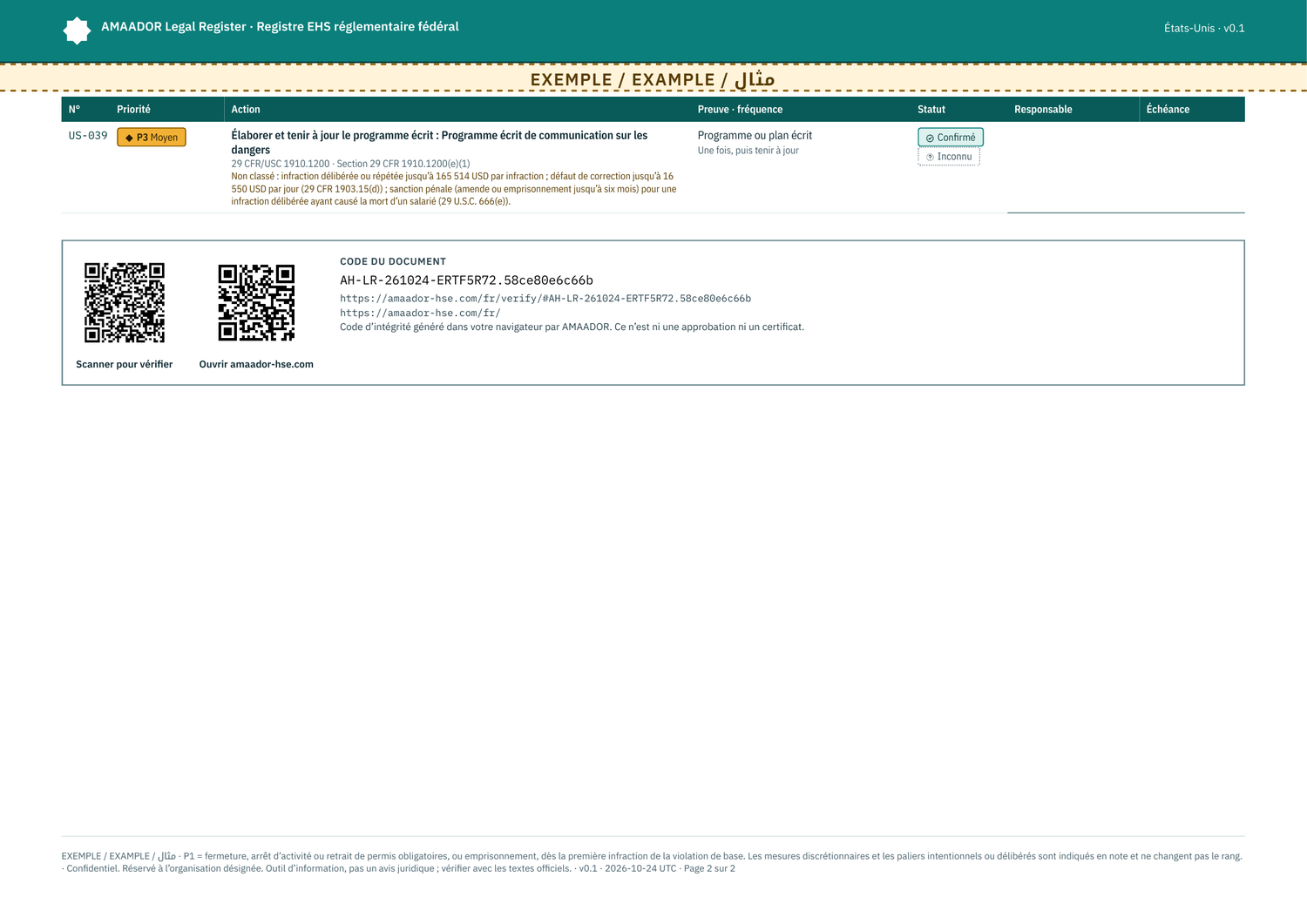 Exemple : plan d’action, avec les deux codes QR (vérification et accueil du site)