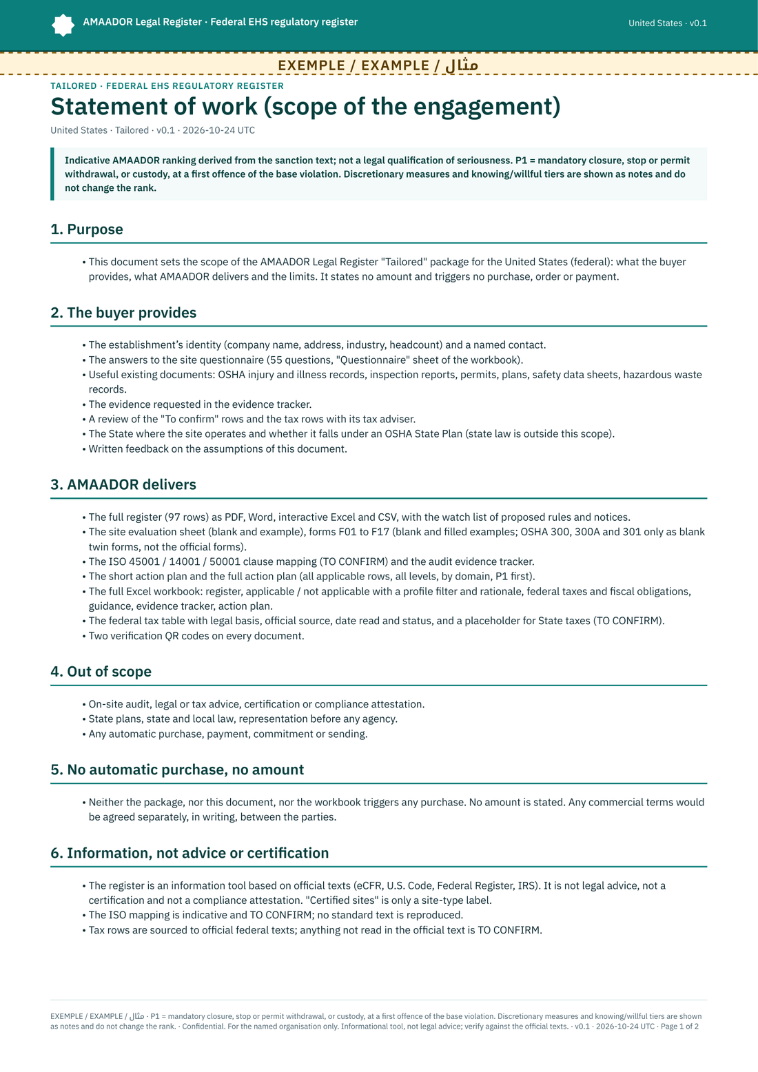 Scope document (statement of work), first page