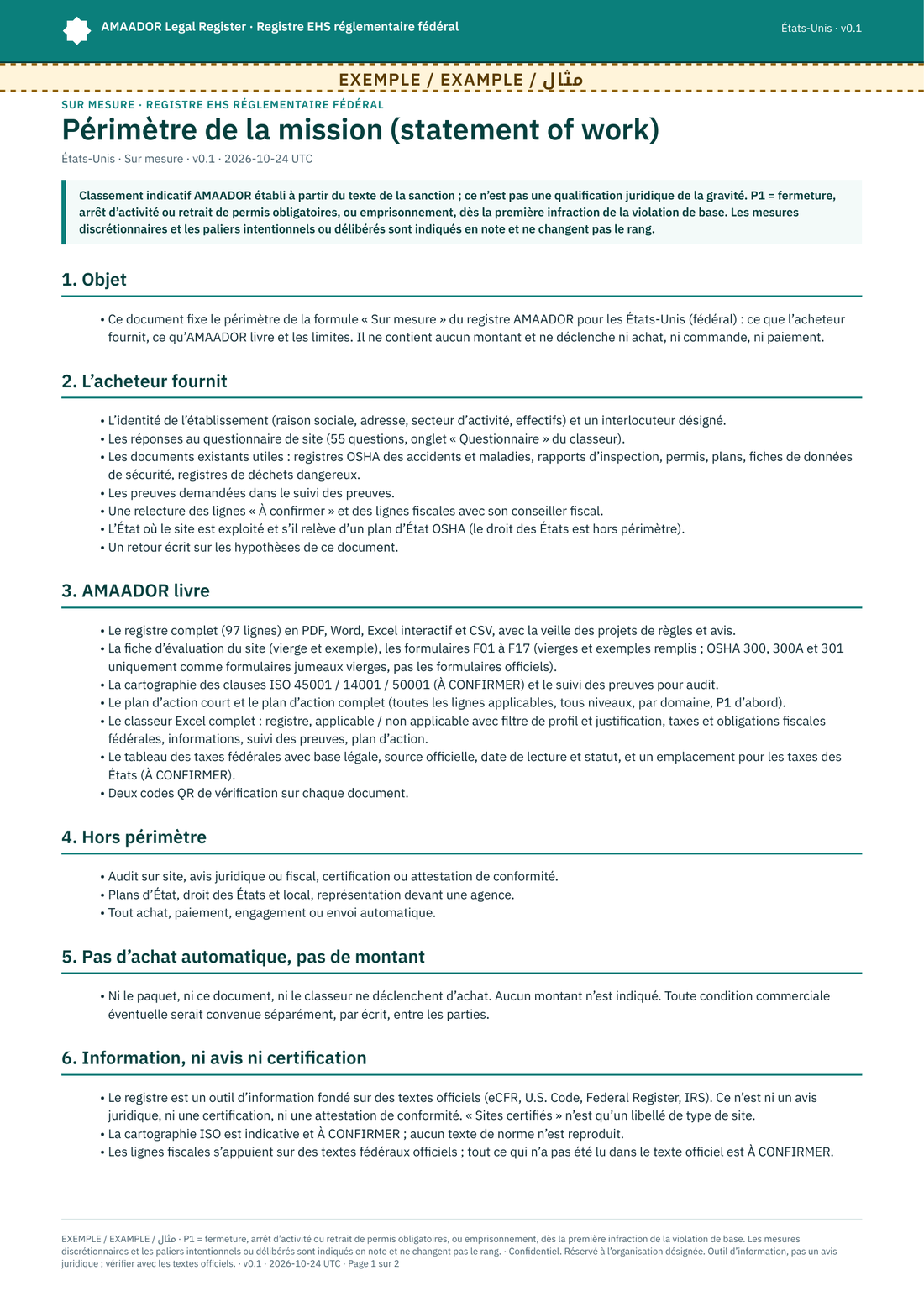 Document de périmètre (cahier des charges), première page